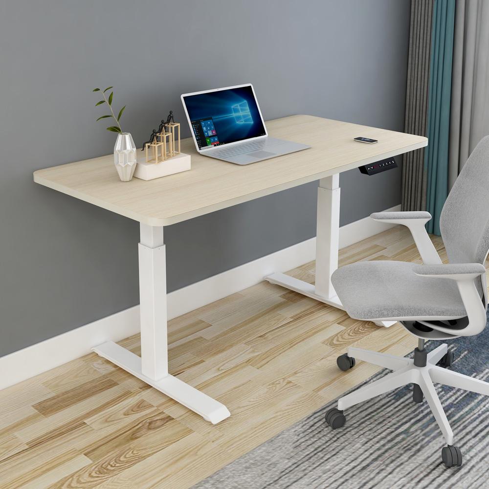 140cm Standing Desk Height Adjustable Sit Stand Motorised Grey Dual Motors Frame Maple Top