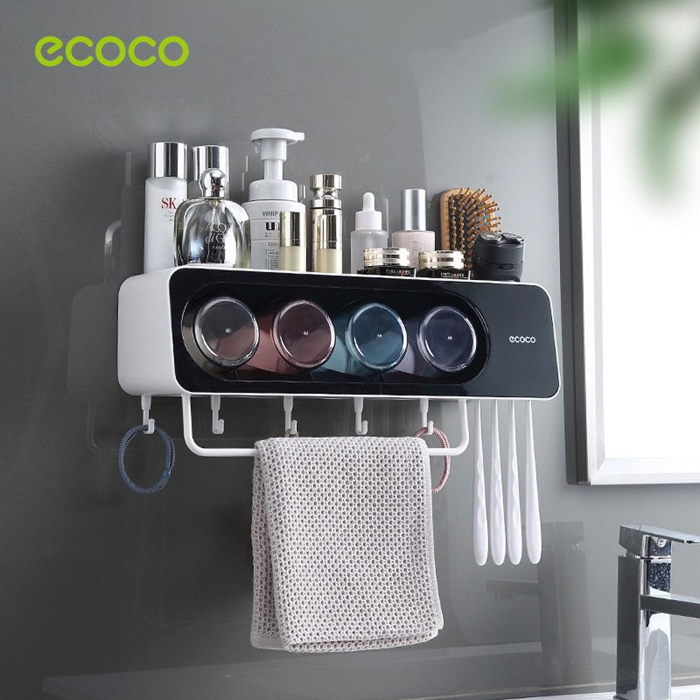 Ecoco Wall-Mounted Toothbrush Holder with 4 Cups and 4 Toothbrush Slots Toiletries Bathroom Storage Rack Black