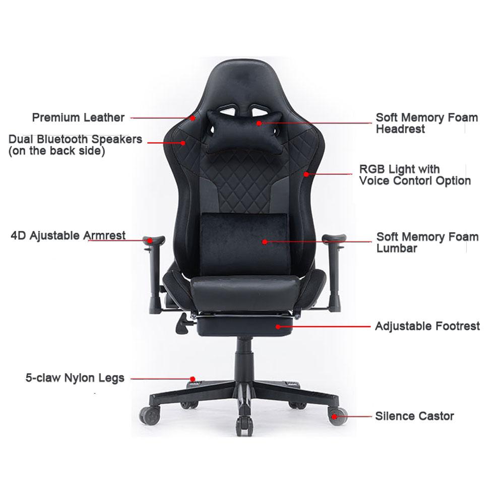 7 RGB Lights Bluetooth Speaker Gaming Chair Ergonomic Racing chair 165¬∞ Reclining Gaming Seat 4D Armrest Footrest Pink White