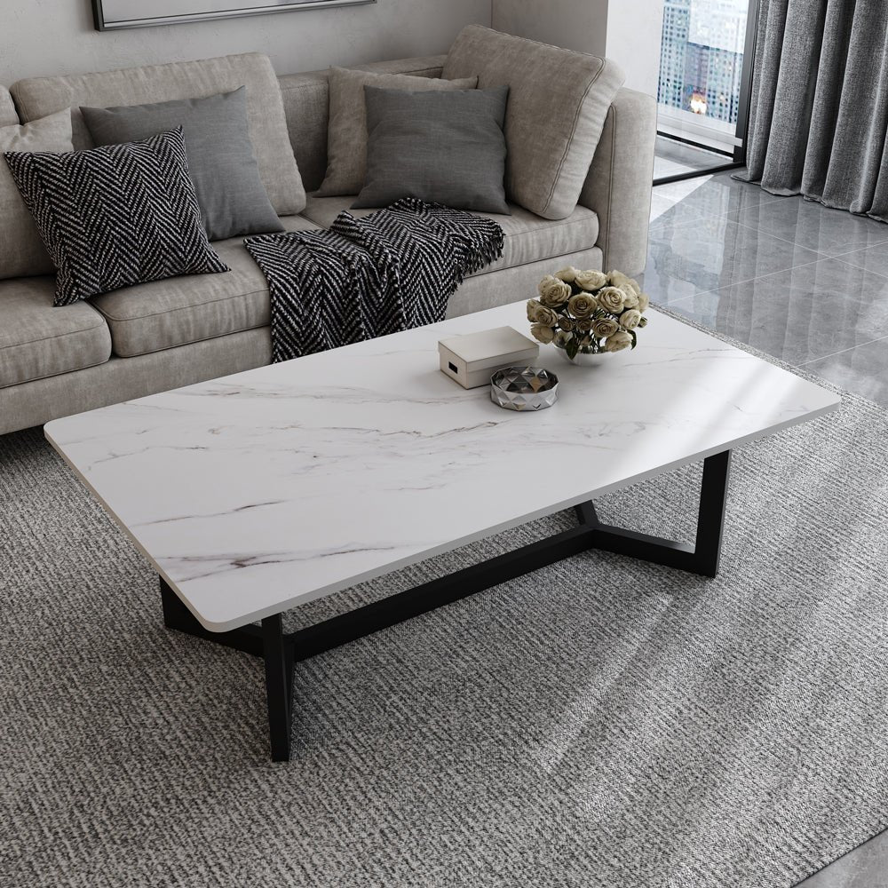 120x60cm Glossy White Minimalist Slate Coffee Table Marble Tea Table Living Room Rectangle Cocktail Side Table Solid Metal Legs