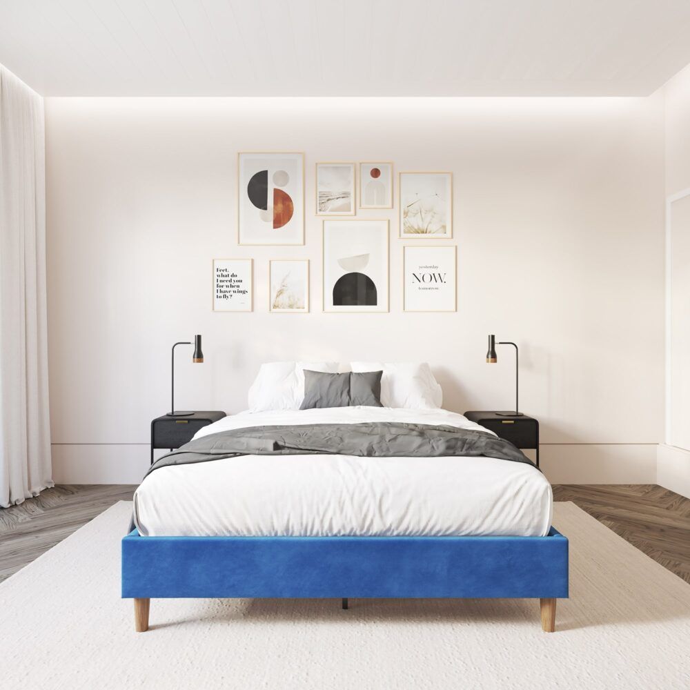 Bed Frame Velvet Blue - Double