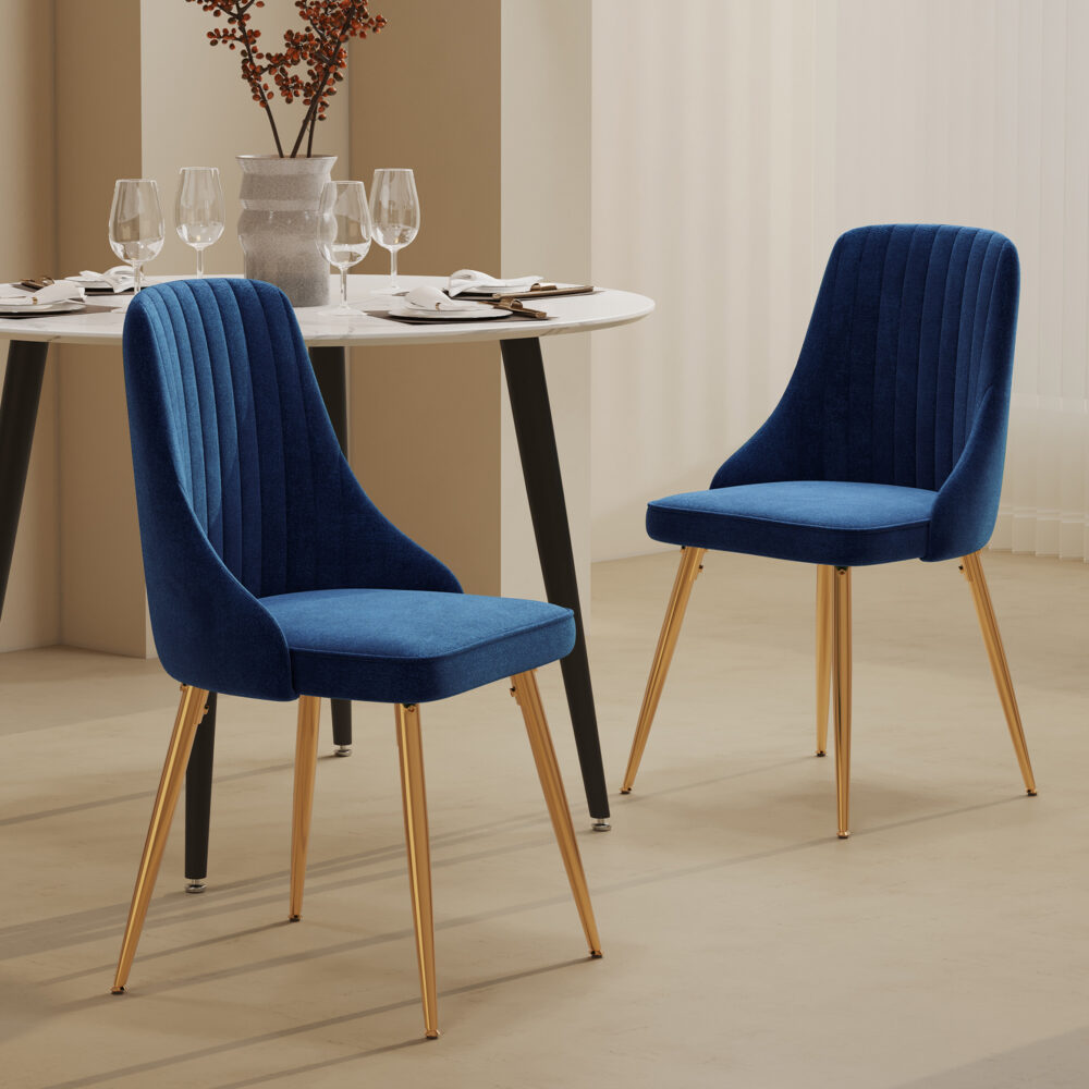 Viva Forever Set of 2 Blue Velvet Dining Chairs ‚Äì Art Deco Design with Gold Metal Legs