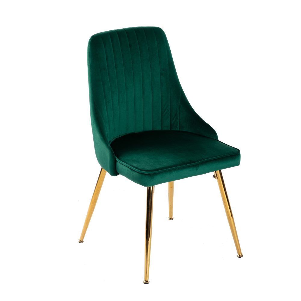 Viva Forever Set of 2 Green Velvet Dining Chairs-Art Deco Design with Gold Metal Legs