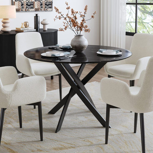 Round Marble-Effect Dining Table - Black