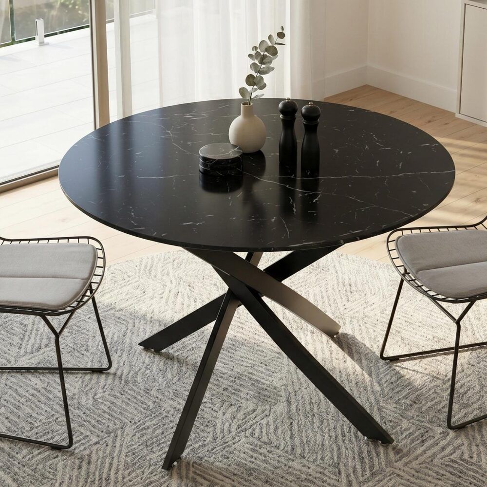 Round Marble-Effect Dining Table - Black