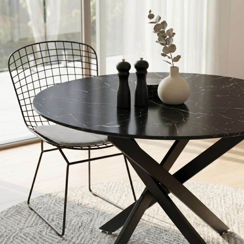 Round Marble-Effect Dining Table - Black