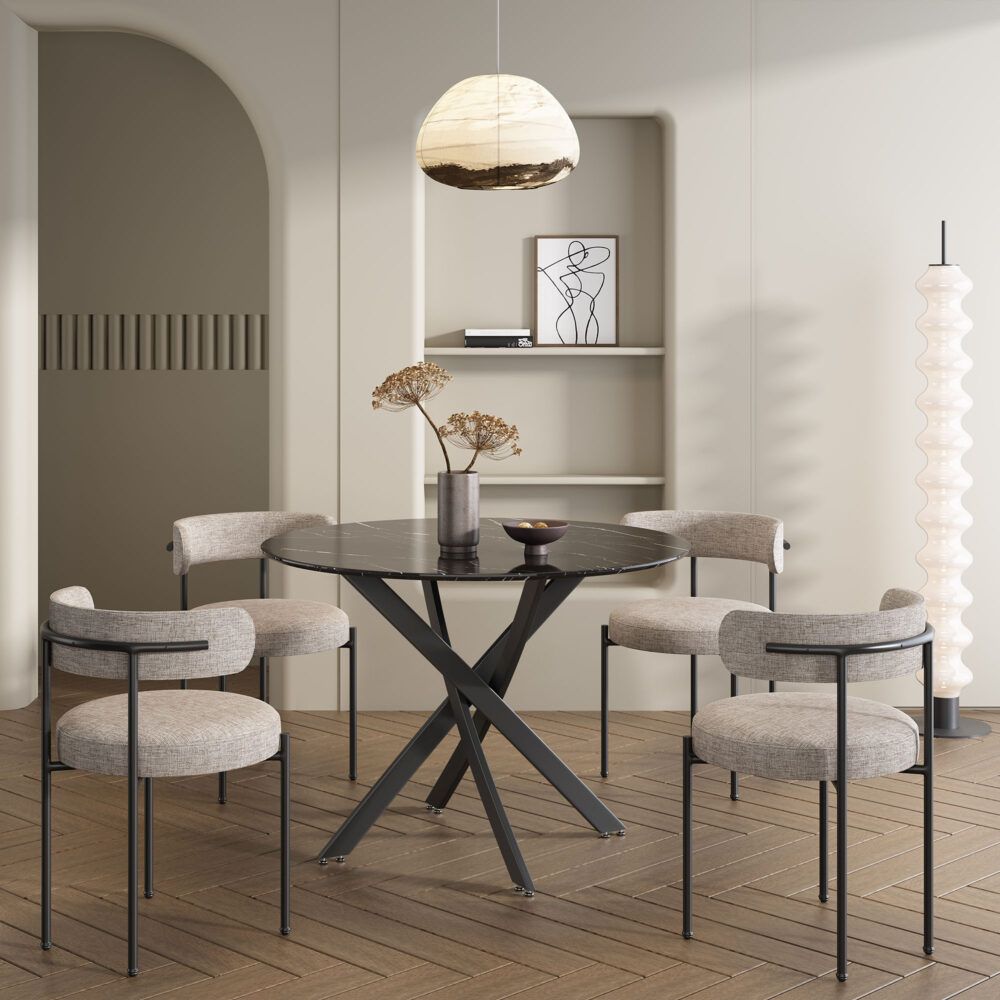 Round Marble-Effect Dining Table - Black