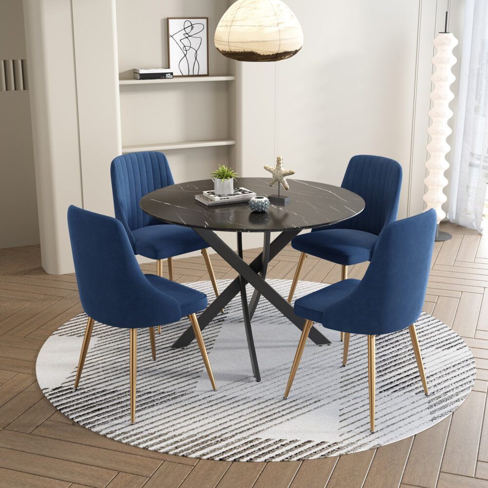 Round Marble-Effect Dining Table - Black