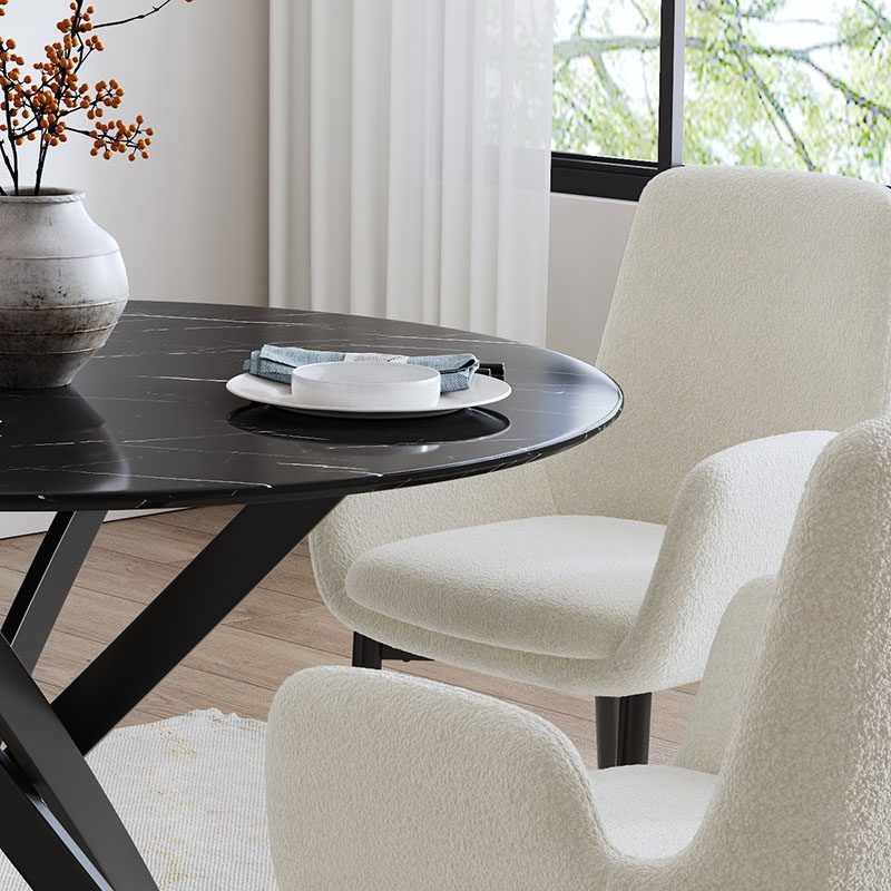 Round Marble-Effect Dining Table - Black