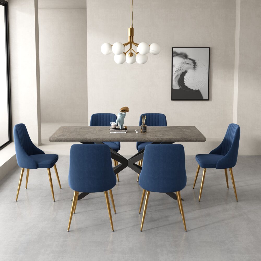 Dining Delight: Rectangular Table and Navy Velvet Chairs Dining Set