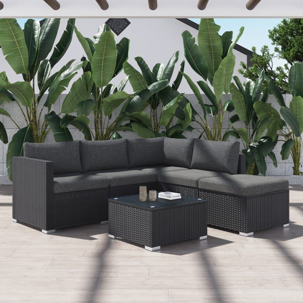 Outdoor Lounge Set Ottoman-Style - Black