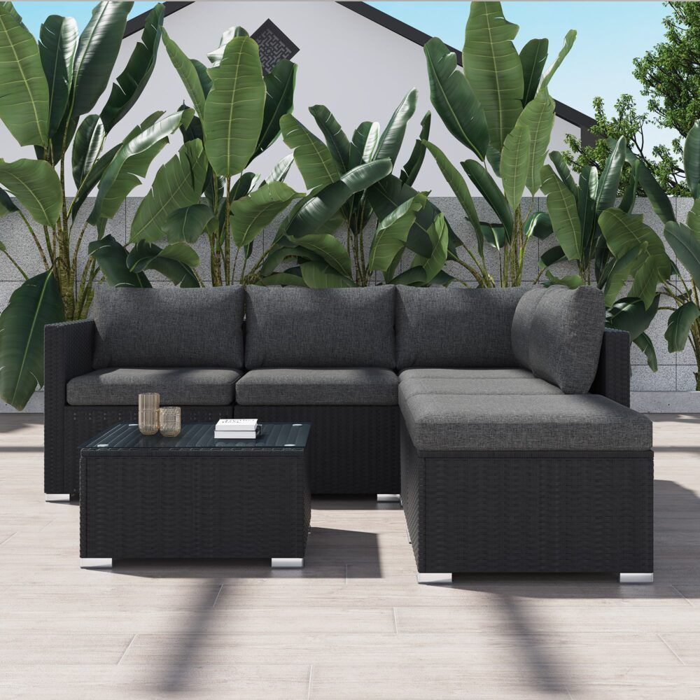 Outdoor Lounge Set Ottoman-Style - Black