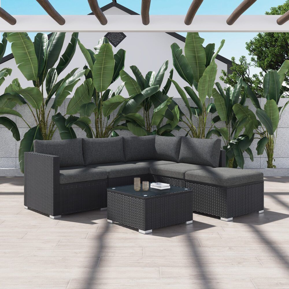 Outdoor Lounge Set Ottoman-Style - Black