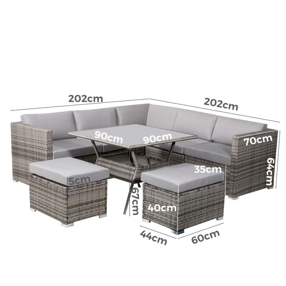 Outdoor Dining Set 8PC Wicker Table & Chairs - Grey