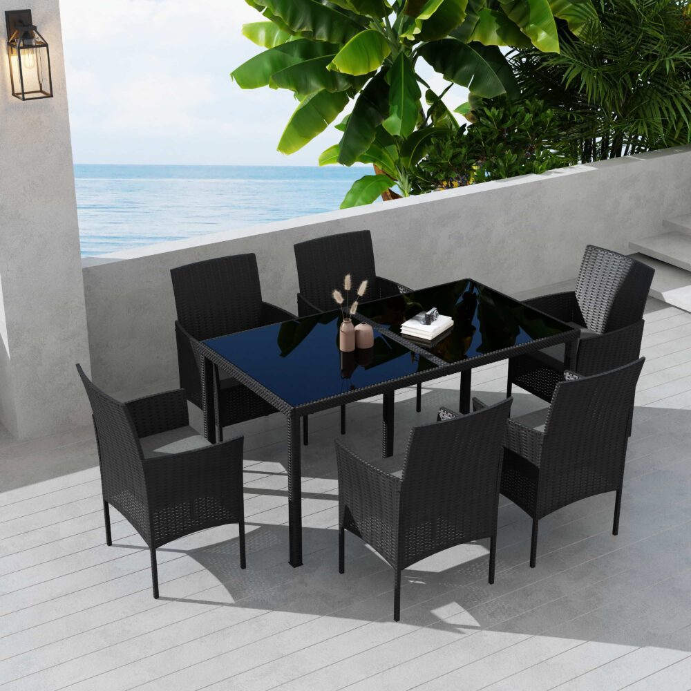 Outdoor Minimalist Black Wicker 6-Seater Dining Set