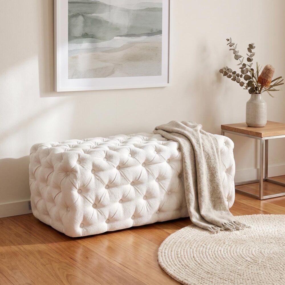 Ottoman Rectangular Elsa Tufted Beach Bouclé White