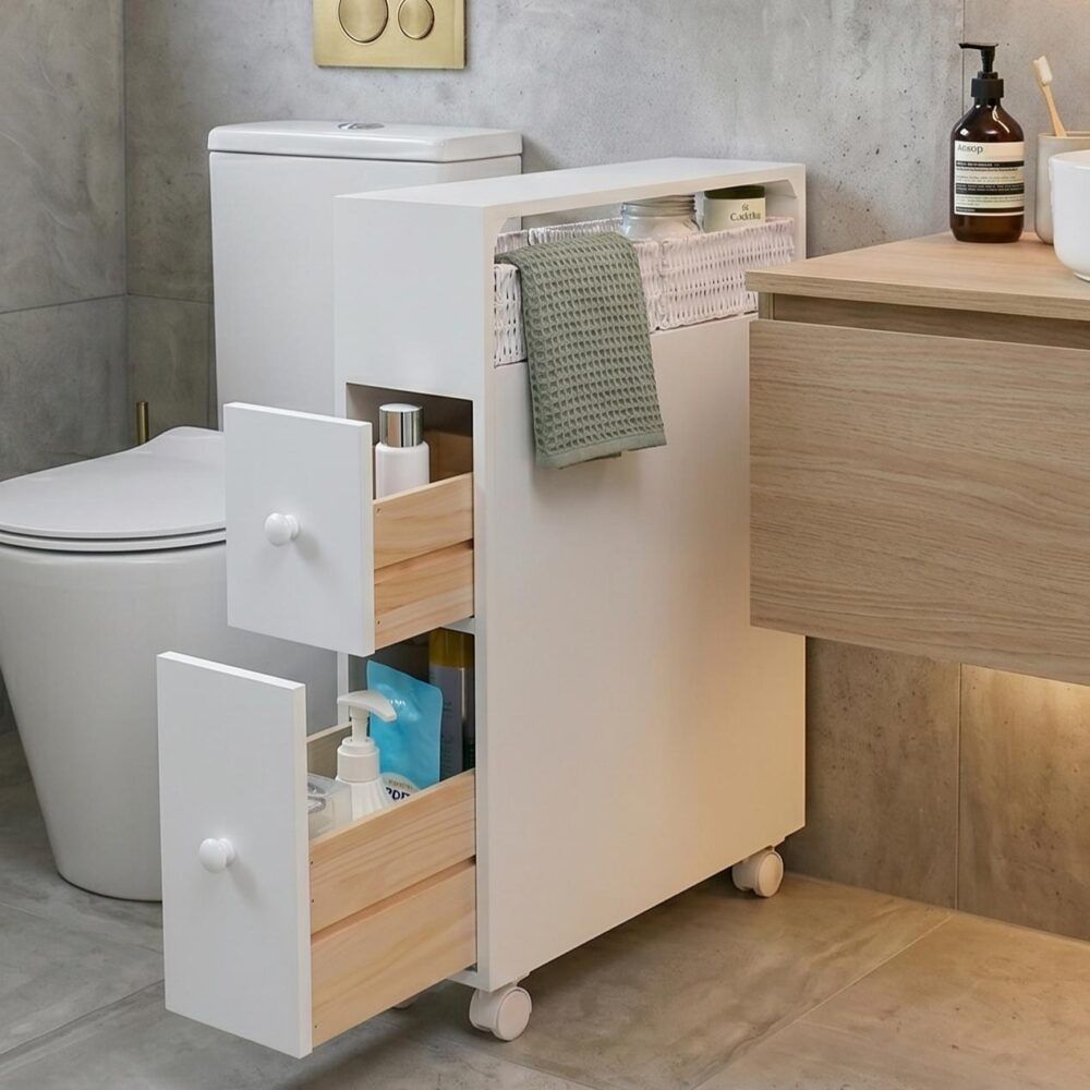 Removable Bathroom Side Cabinet Toilet Caddy with Storage Drawers- White