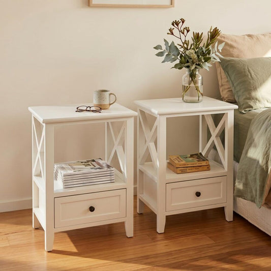 Bedside Table 2-Tier with Storage Drawer Set of 2 - White