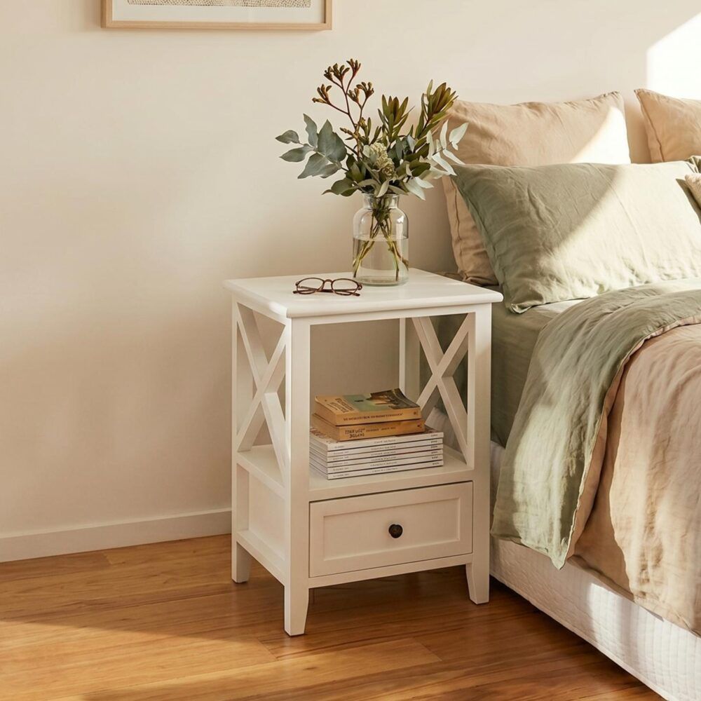 Bedside Table 2-Tier with Storage Drawer Set of 2 - White
