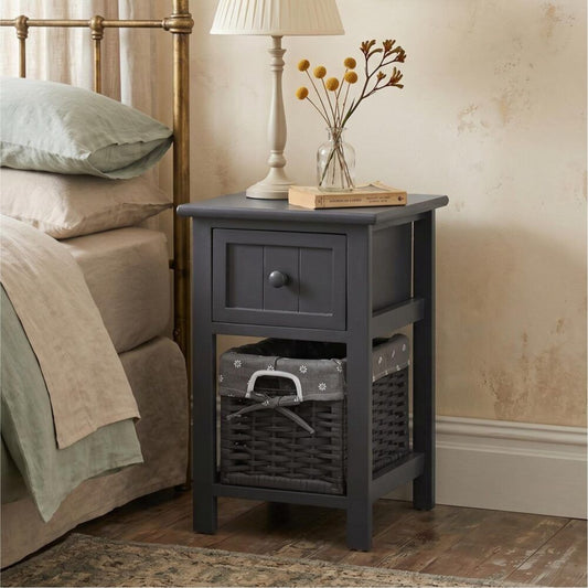 Grey Bedside Table with Wicker Basket
