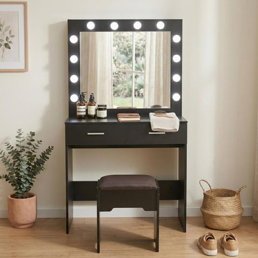 Vanity Set Fidel with Cushioned Stool and Lighted Mirror - White