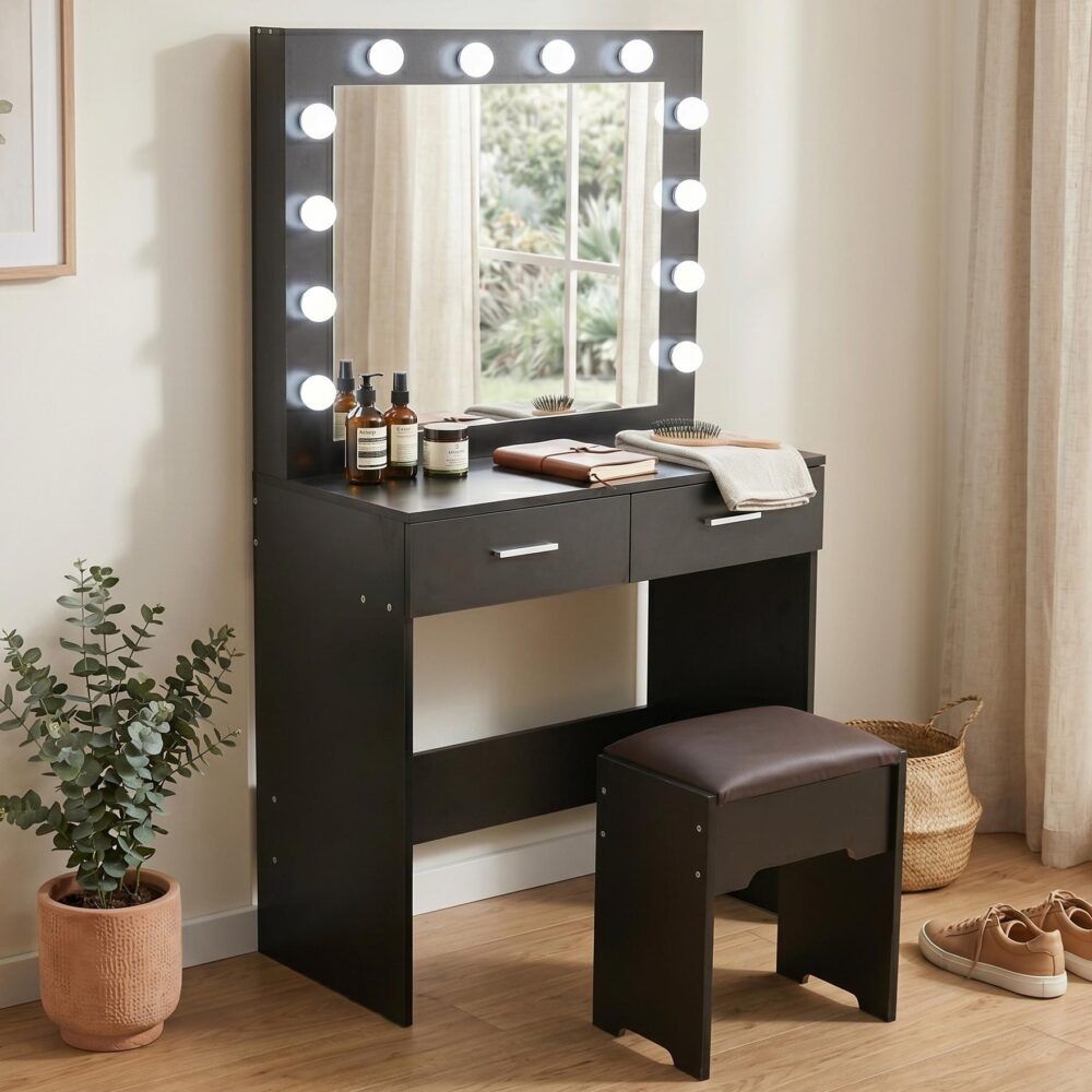 Vanity Set Fidel with Cushioned Stool and Lighted Mirror - White