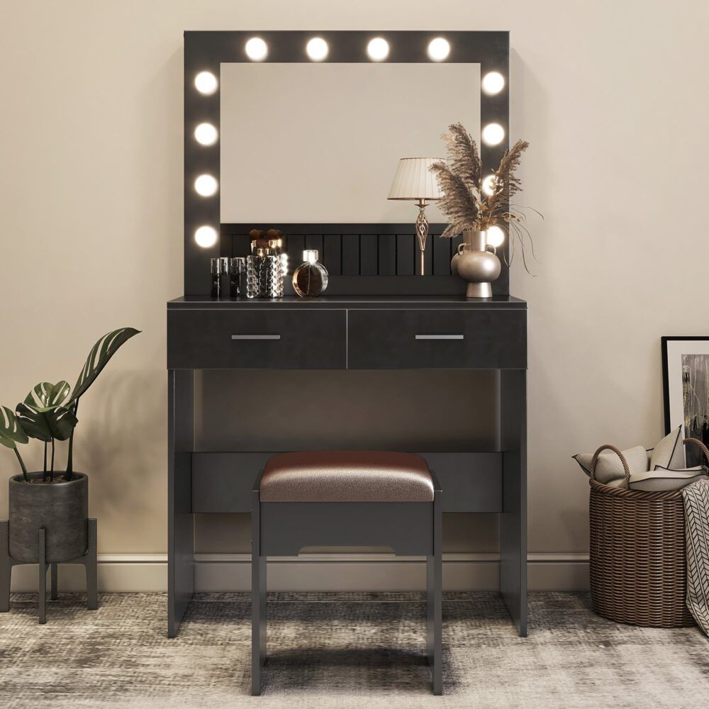 Vanity Set Fidel with Cushioned Stool and Lighted Mirror - White