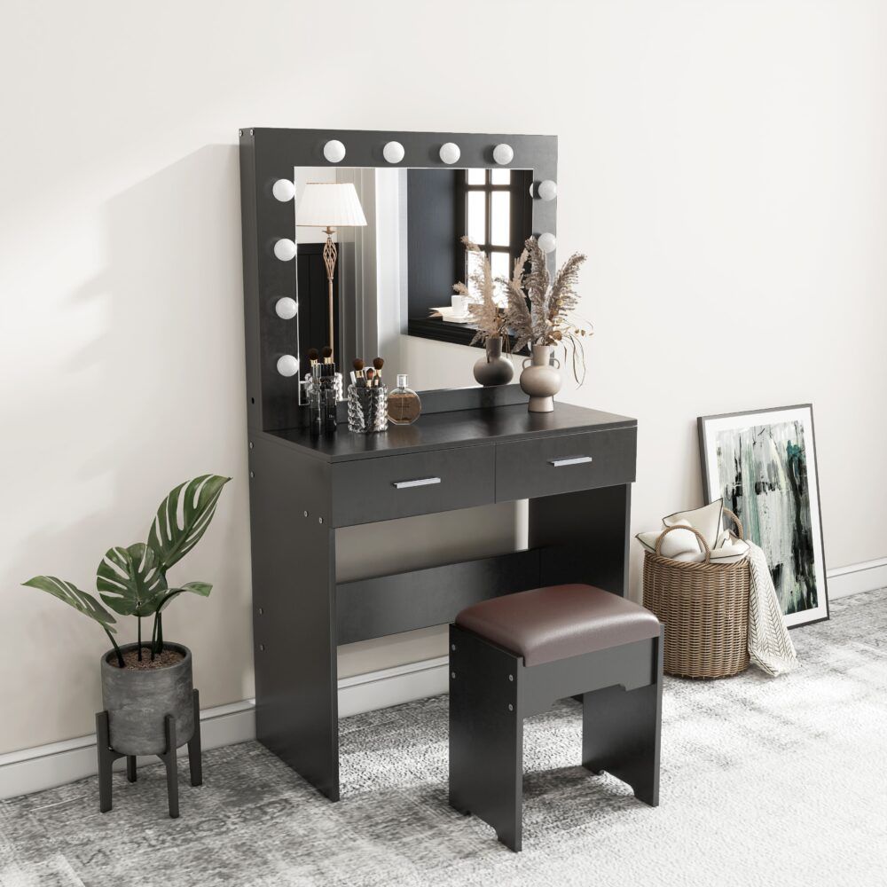 Vanity Set Fidel with Cushioned Stool and Lighted Mirror - White