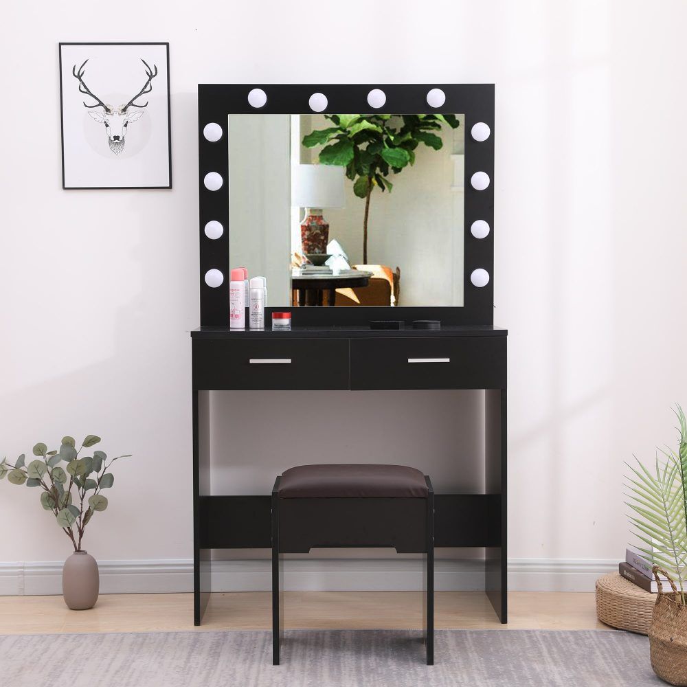 Vanity Set Fidel with Cushioned Stool and Lighted Mirror - White