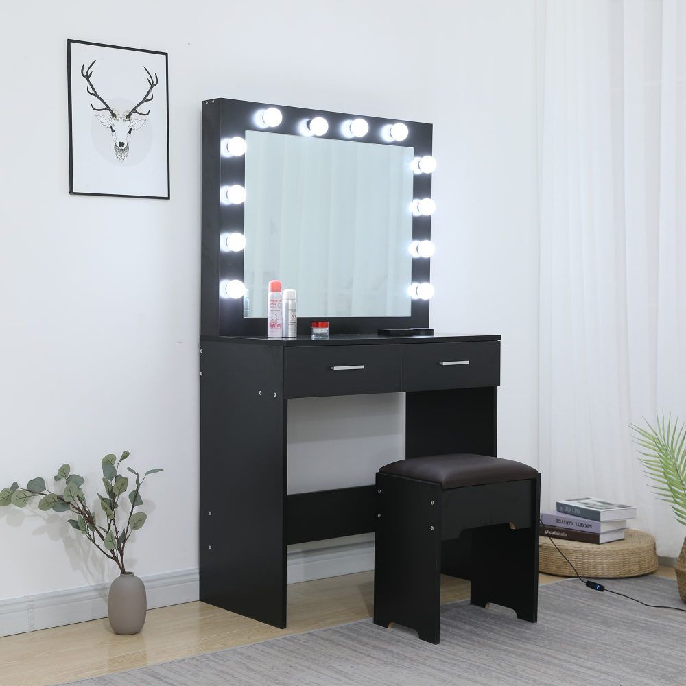 Vanity Set Fidel with Cushioned Stool and Lighted Mirror - White