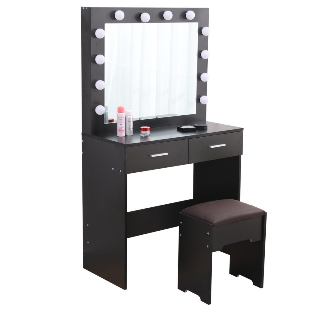 Vanity Set Fidel with Cushioned Stool and Lighted Mirror - White