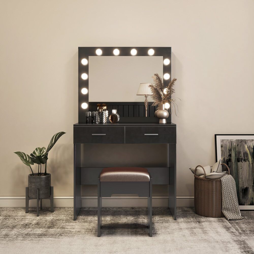 Vanity Set Fidel with Cushioned Stool and Lighted Mirror - White