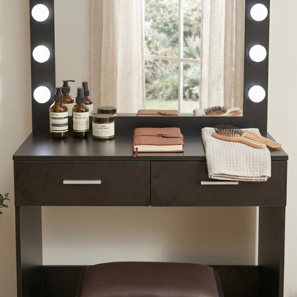 Vanity Set Fidel with Cushioned Stool and Lighted Mirror - White