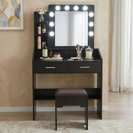 Vanity Set Diana with Shelves Cushioned Stool and Lighted Mirror - Black