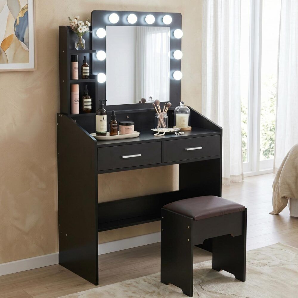 Vanity Set Diana with Shelves Cushioned Stool and Lighted Mirror - Black