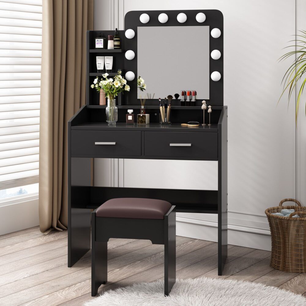 Vanity Set Diana with Shelves Cushioned Stool and Lighted Mirror - Black