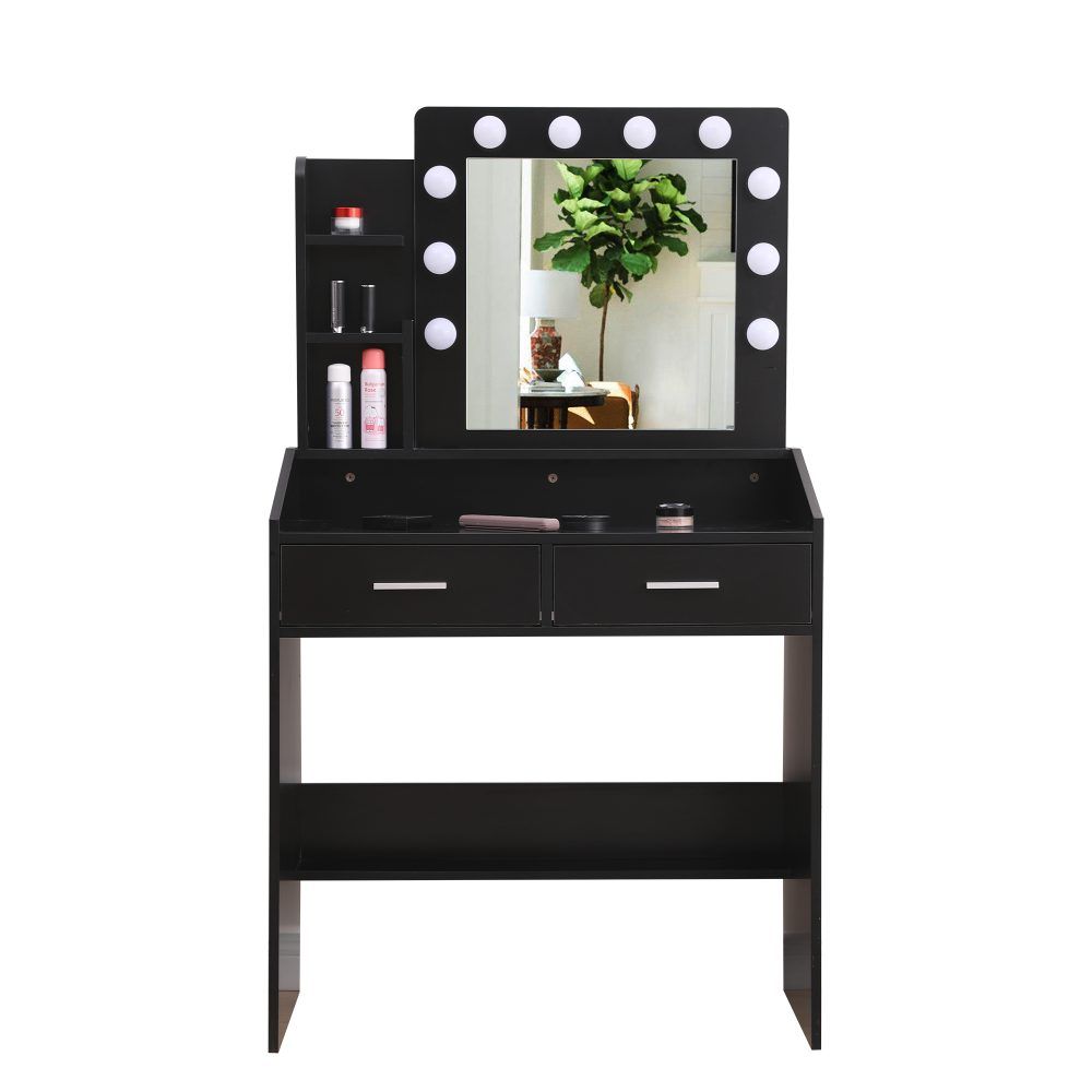 Vanity Set Diana with Shelves Cushioned Stool and Lighted Mirror - Black