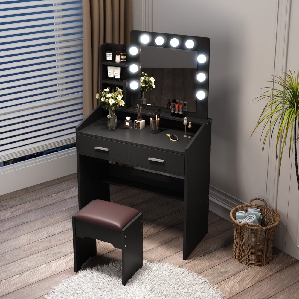Vanity Set Diana with Shelves Cushioned Stool and Lighted Mirror - Black