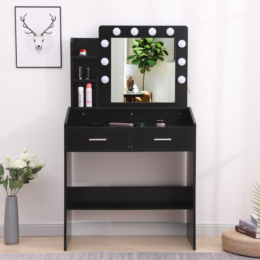 Vanity Set Diana with Shelves Cushioned Stool and Lighted Mirror - Black