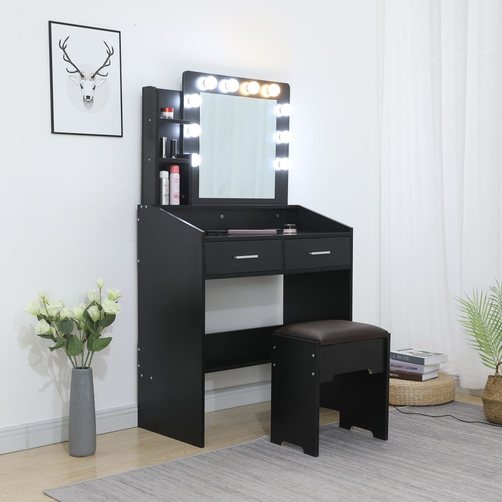 Vanity Set Diana with Shelves Cushioned Stool and Lighted Mirror - Black