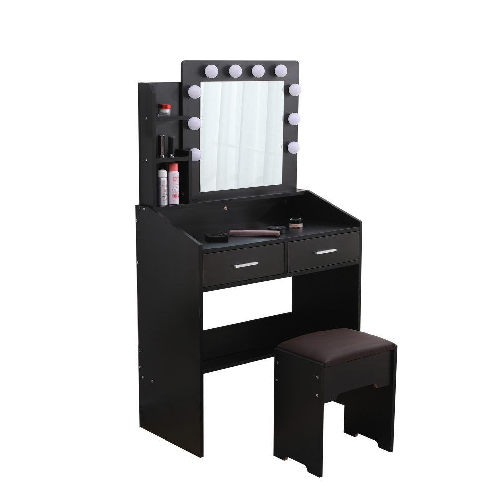 Vanity Set Diana with Shelves Cushioned Stool and Lighted Mirror - Black