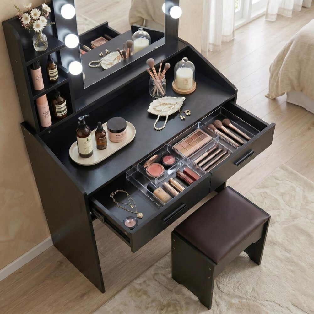 Vanity Set Diana with Shelves Cushioned Stool and Lighted Mirror - Black