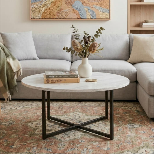 Coffee Table White Marble Effect Round with Black Legs
