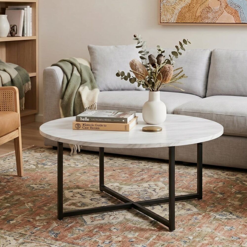 Coffee Table White Marble Effect Round with Black Legs