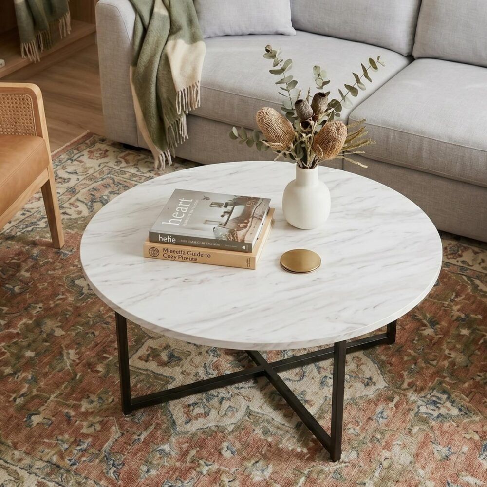 Coffee Table White Marble Effect Round with Black Legs