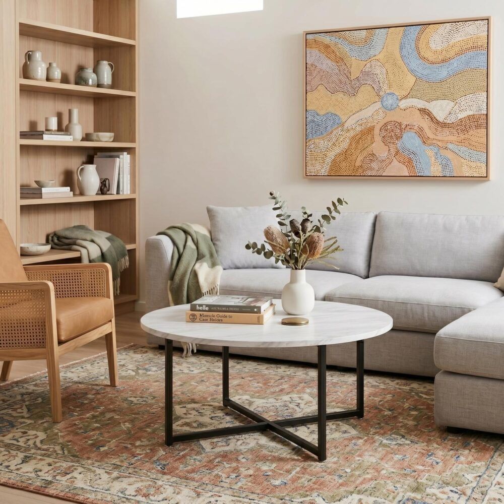 Coffee Table White Marble Effect Round with Black Legs
