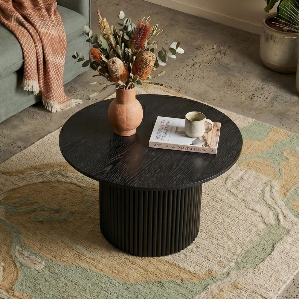 Coffee Table Luxe Black Ribbed Texture Wooden