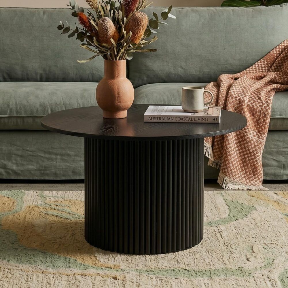 Coffee Table Luxe Black Ribbed Texture Wooden