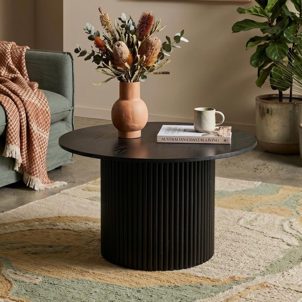 Coffee Table Luxe Black Ribbed Texture Wooden