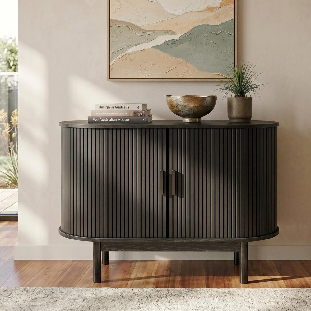 Mid Century Black Ribbed Sideboard Cabinet